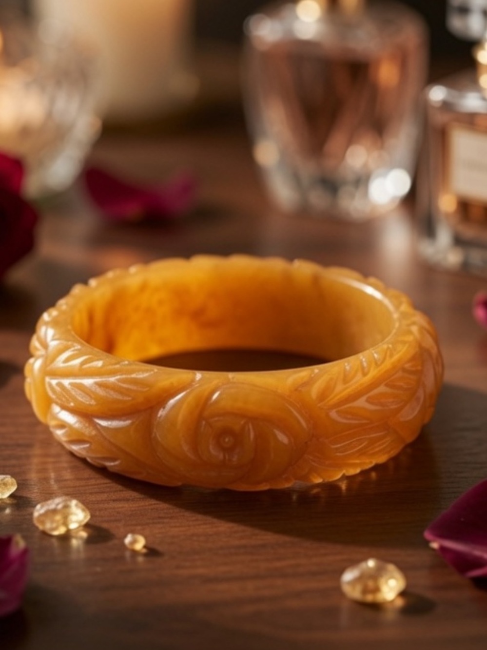 Bakelite Carved Amber-Color Floral  Bangle Bracelet  Floral Handmade Vintage
